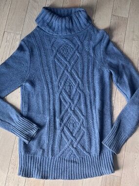 J.Crew Cable Knit Turtleneck Sweater Small Blue Wool Viscose Rabbit Hair Blend